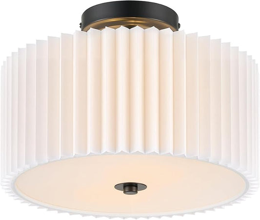 VONLUCE Semi-Flush Mount Ceiling Light, 12.2" Modern 2-Light Ceiling Light Fixture with White Pleated Drum Shade 2 E26 Sockets for Bedroom Entryway Living Room, Black Finish, ETL Certificated