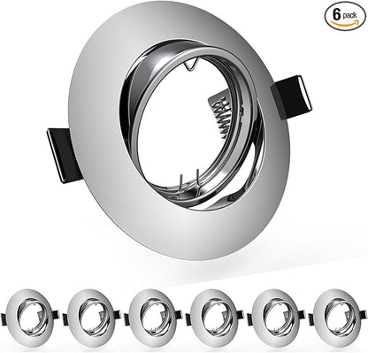 6 Pack Recessed Ceiling Light Mounting Frame, Compatible with MR16 GU5.3 Bulbs, Round Fixture Holders Adjustable for Commercial Cabinet, Polished Chrome