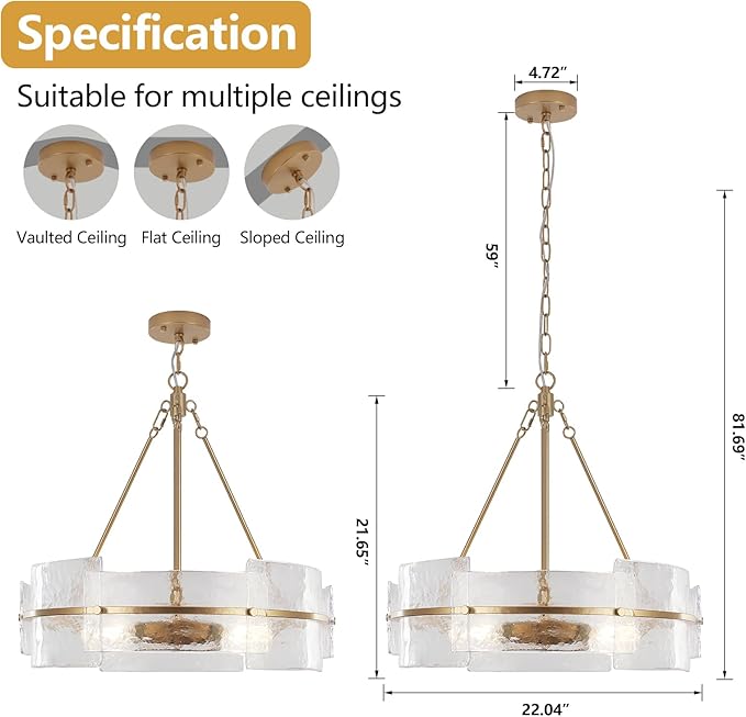 Modern Chandelier for Dining Room, 22" Gold Glass Chandelier, Large Farmhouse Round Chandelier for Dining Room, Foyer, Bedroom, Hallway, Entryway