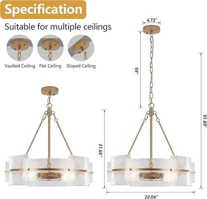 Modern Chandelier for Dining Room, 22" Gold Glass Chandelier, Large Farmhouse Round Chandelier for Dining Room, Foyer, Bedroom, Hallway, Entryway