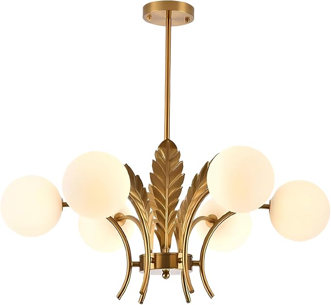 BOKT Mid Century Milk Glass Chandelier Gold G9 Ceiling Chandelier Light Industrial Metal Adjustable Pendant Lighting Farmhouse Large Globe Flush Mount Light Fixture for Dining Room Kitchen Indoor