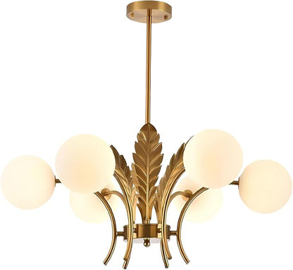 BOKT Mid Century Milk Glass Chandelier Gold G9 Ceiling Chandelier Light Industrial Metal Adjustable Pendant Lighting Farmhouse Large Globe Flush Mount Light Fixture for Dining Room Kitchen Indoor