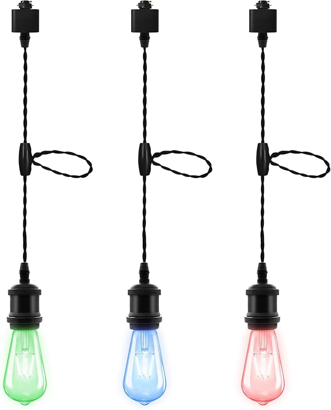3 Pack RGB Pendant Light for Holiday Decor - H Type Track Compatible White Fixture, E26 Base with RGB Filament Bulbs, Ambient Lighting for Fun Creative Spaces