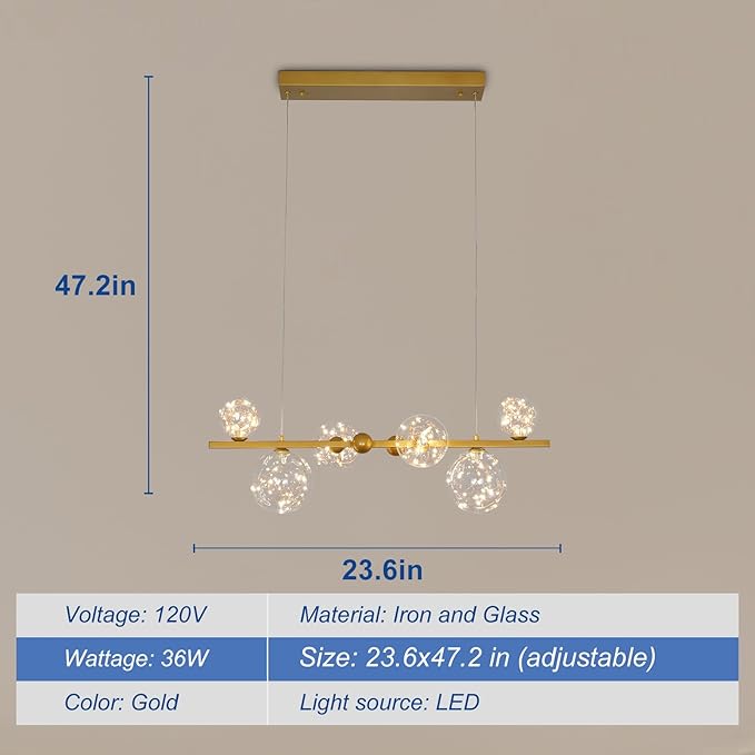 Depuley Linear Chandeliers for Dining Room: 23.62In Sputnik Chandeliers 6-Light Glass Globe Chandelier - Modern Gold Bubble Large Pendant Lights for Kitchen Island Lighting