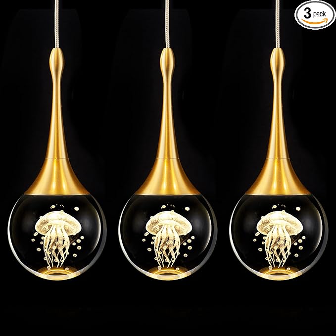 CHYING LED Kitchen Island Pendant Lights 3 Pack Gold Teardrop Pendant Light Bathroom Ceiling Hanging Light Globe Jellyfish Pendant Lighting for Living Room Dining Room Bar 3000K Warm White