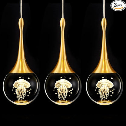 CHYING LED Kitchen Island Pendant Lights 3 Pack Gold Teardrop Pendant Light Bathroom Ceiling Hanging Light Globe Jellyfish Pendant Lighting for Living Room Dining Room Bar 3000K Warm White