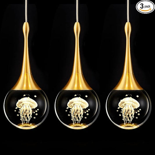 CHYING LED Kitchen Island Pendant Lights 3 Pack Gold Teardrop Pendant Light Bathroom Ceiling Hanging Light Globe Jellyfish Pendant Lighting for Living Room Dining Room Bar 3000K Warm White