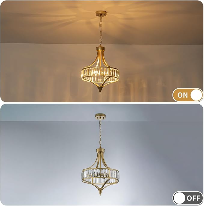 Gold Vintage Chandeliers for Dining Room, 15.7" Modern Crystal Round Pendant Lights Kitchen Island Over Table,4-Light Foyer Chandelier for Entryway Bathroom Bedroom Living Room
