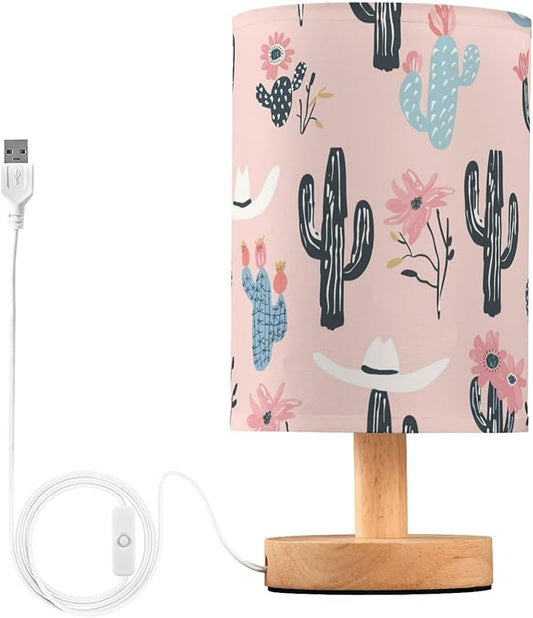 Bedside Table Lamp Western Cowboy Desert Cactus Pink Nightstand Lamp with Wood Desk Lamps for Bedroom Living Room Nursery Office Home Decor