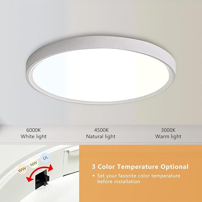 12PK 12 Inch LED Flush Mount Super Slim Ceiling Light, 24W, 2520LM, 3000K/4000K/6000K CCT Selectable, Close to Ceiling Round Flat Panel Light for Hallway, Bedroom, Kitchen