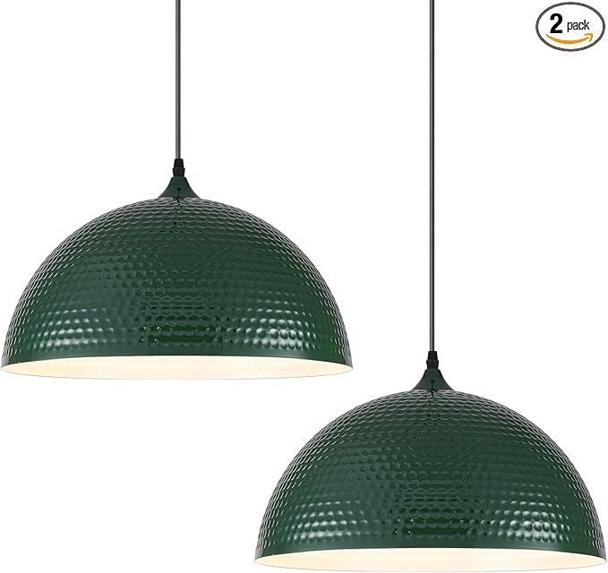 16 inch Green Pendant Light 2 Pack, Hammered Large Industrial Pendant Lights Kitchen Island, Green Dome Pendant Light for Kitchen Island, Dining Room, Bar