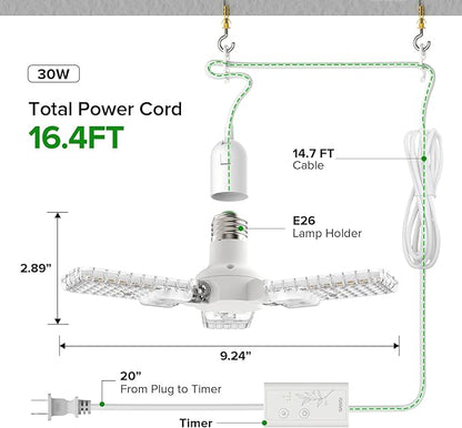 SANSI Grow Lights for Indoor Plants, 99 LEDs Plant Growing Lamp with Timer, 30W 2000LM 4000K Plant Light with Full Spectrum High PPFD, Height Adjustable Wings, 16.4FT Power Cord for Tall Large Plants