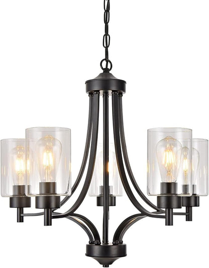 BOZO Contemporary Black Chandelier 5 Lights Farmhouse Dining Room Lighting Fixtures Hanging Bedroom Chandeliers with Clear Glass Shade Ceiling Pendant Light Black Foyer Light