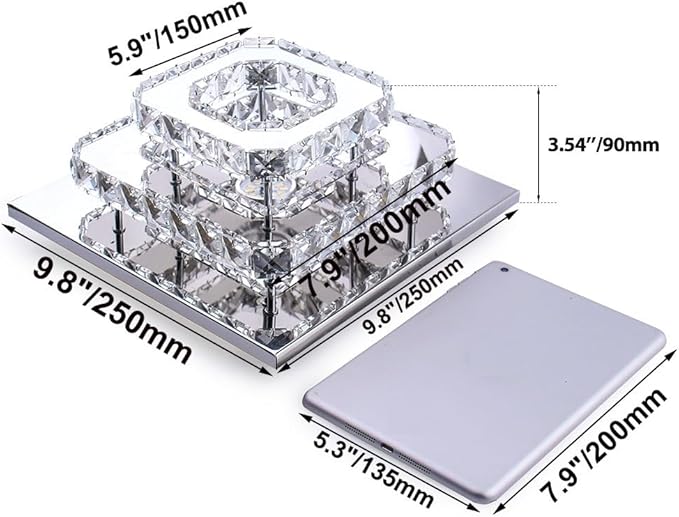 FRIXCHUR 9.8" Crystal Ceiling Light, 3-Color LED Square Flush Mount Chandelier, 2-Layer K9 Crystal Ceiling Lamp for Bedroom Living Room Dining Room Hallway Foyer 25W