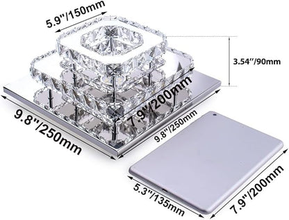 FRIXCHUR 9.8" Crystal Ceiling Light, 3-Color LED Square Flush Mount Chandelier, 2-Layer K9 Crystal Ceiling Lamp for Bedroom Living Room Dining Room Hallway Foyer 25W