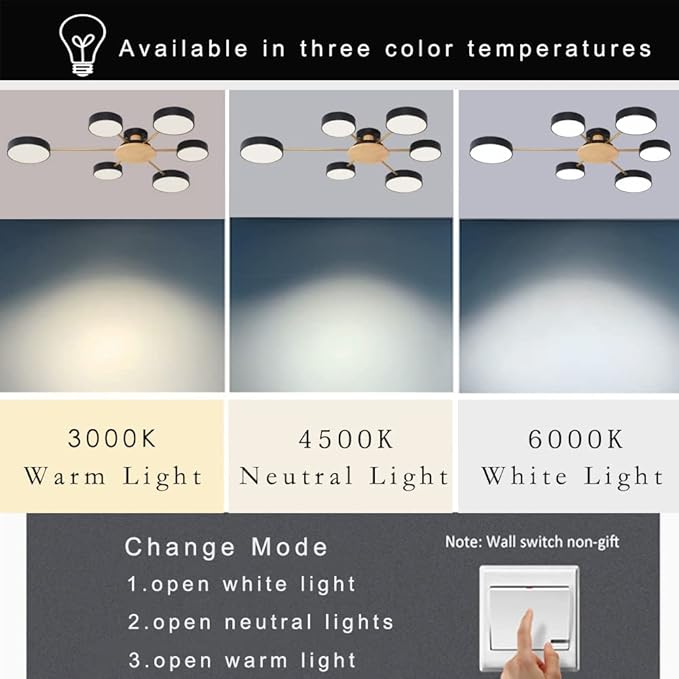 LED Ceiling Lighting 41 Inch 6-Lights Modern Ceiling Lights Flush Mount Recessed Lighting Ceiling Light 48W Adjustable Living Room Bedroom Kitchen, 3000K-6000K Temperature Available Black