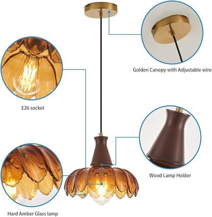YLONG-ZS Pendant Lights Kitchen Island,Vintage Hanging Kitchen Light Fixtures with Amber Flower Glass，Walnut Wood Color Modern Hanging Pendant Ceiling Light for Island Dining Room Bedroom Living Room