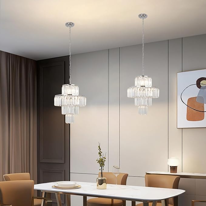 Chrome Crystal Chandelier, 7-Light 4 Tiers 13.77" Crystal Light, Adjustable Hanging Metal Ceiling Lighting Fixture, Modern Foyer Dining Room Chandeliers for Bedroom,Hallway,Kitchen
