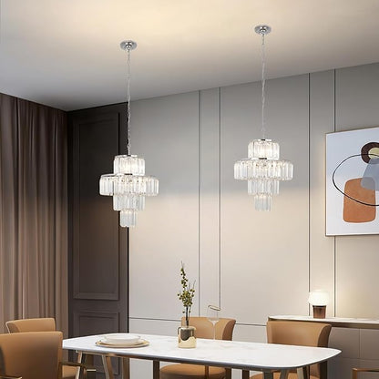 Chrome Crystal Chandelier, 7-Light 4 Tiers 13.77" Crystal Light, Adjustable Hanging Metal Ceiling Lighting Fixture, Modern Foyer Dining Room Chandeliers for Bedroom,Hallway,Kitchen