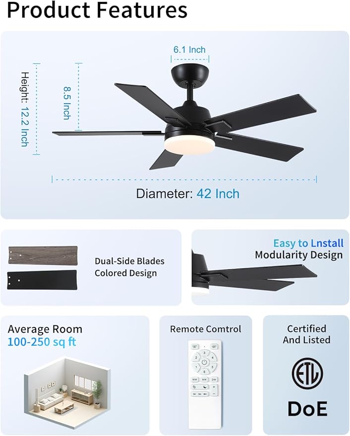 Rayqueen 42 Inch Ceiling Fans with Lights and Remote, 6 Speed Reversible DC Motor, 3CCT Dimmable LED, Black Modern Ceiling Fan for Bedroom, Living room & Covered Outdoor,Includes Downrod