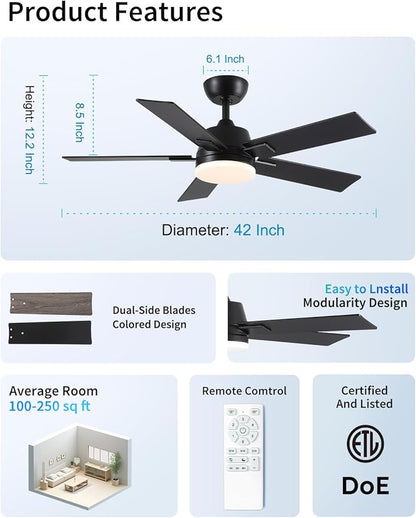 Rayqueen 42 Inch Ceiling Fans with Lights and Remote, 6 Speed Reversible DC Motor, 3CCT Dimmable LED, Black Modern Ceiling Fan for Bedroom, Living room & Covered Outdoor,Includes Downrod