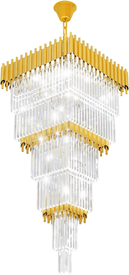W24 x H80 Large Gold Chandeliers for High Ceiling, 15-Light Square Tiered K9 Crystal Raindrop Chandelier, Adjustable Height Luxury Pendant Light for Staircase, Villa Foyer, Entryway