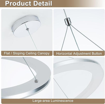 CHYING LED Pendant Lights Kitchen Island, 15.8" 18W Warm White Modern Ring Chandelier, Adjustable Height Silver Hanging Pendant Ceiling Light for Dining Room Bedroom Hallway Entryway, 3000K