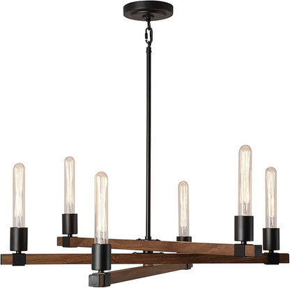 GLOBE Electric 60546 Walken 6-Light Chandelier, Matte Black, Faux Wood Accents, Bulb Not Included
