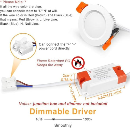 2 Inch LED Downlight, 3W Recessed Lighting Dimmable Ceiling Light Kit, 2700K Ultra Warm White, CRI80 White LED Can Lights with Driver(35W Halogen Equivalent), 10 Pack
