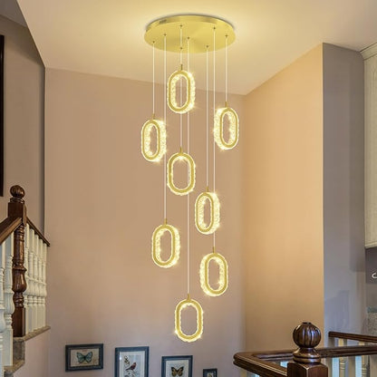 Gold 8 Rings Crystal Chandelier for Foyer Stairwell High Ceiling Chandelier Dimmable Oval Crystal Ring Pendant Light