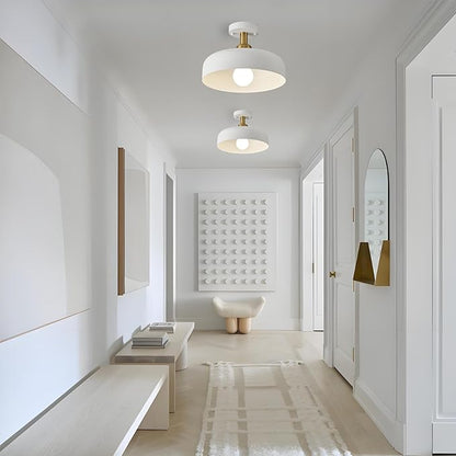 Modern Semi Flush Mount Ceiling Light,Mid Century Hallway Ceiling Light Fixture,E26 Ceramic Lamp Head,White and Gold Light Fxiture Ceiling for Kitchen Entryway Bedroom Hall Entry (12.6 in)