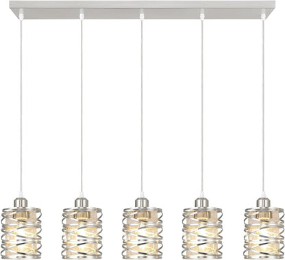 Brushed Nickel Pendant Lights for Kitchen Island, 5-Light Chandelier for Dining Room, Hanging Linear Chandeliers, Modern Dining Room Light Fixtures Pendant Light with Clear Glass Shades