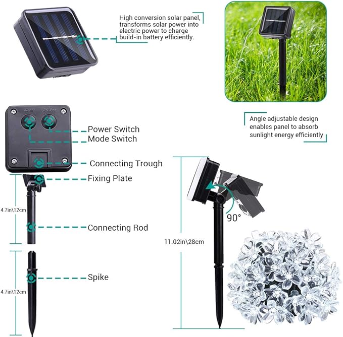 Joomer Outdoor Solar String Lights, Flower String Lights, 50LED Cherry Blossoms String Light 8 Modes Memory Function Waterproof for Garden, Patio, Fence, Yard, Outdoor Decor (Multicolor)