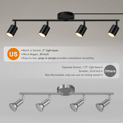 Plug in Track Lighting, LED Track Lighting Fixtures Ceiling, Black 4-Light Kitchen Light Kit, Plug in Wall Light with 14.8ft Power Cord, Rotatable Ceiling Spotlight for Bedroom(GU10 Socket, NO Bulb)