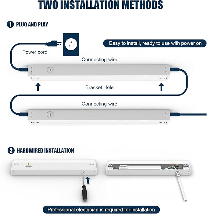 16" LED Under Cabinet Lighting, Plug-in or Hardwired Dual Installation, 3CCT Selectable 3000K/4000K/5000K, Dimmable 110V Kitchen Lights Under Cabinet, High CRI 94+ for Counter, Shelf & Pantry