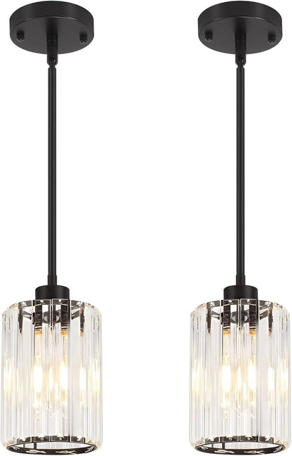 2 Pack Black Pendant Lights Kitchen Island, Modern Crystal Kitchen Pendant Lighting Over Island Dining Room Light Fixtures Adjustable Hanging Pendant Light for Bathroom Hallway Entryway Foyer Bedroom