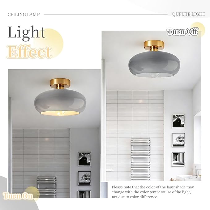 Mid Century Light Fixture Vintage Ceiling Light - Milk Glass Gray Shade Semi Flush Mount Ceiling Lights fixtures Gold Brass Flush Mount Lights for Entryway Foyer Hallway Hall Bedroom