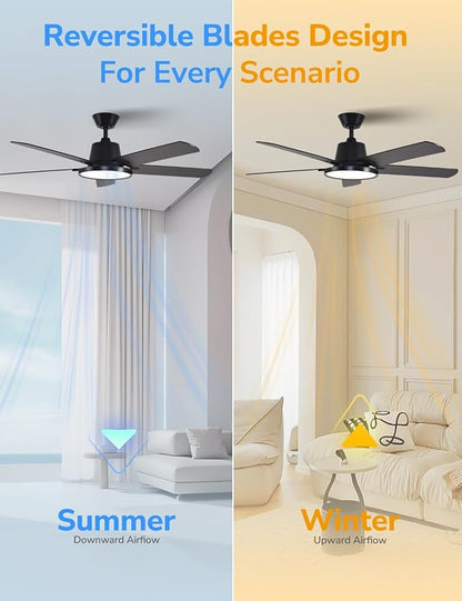 Orison Ceiling Fans with Lights, 52 inch Low Profile Ceiling Fan with RGB Backlight, Flush Mount Ceiling Fan with Remote and App Control,White Bedroom Fan, 6 Speeds, 5 Reversible Blades (Black RGB)