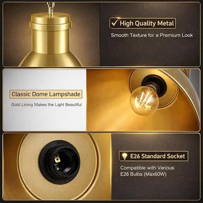 BoostArea Gold Pendant Light for Kitchen Island, 10.6" Large Metal Dome Shade, 70.9" Adjustable Height Hanging Light Fixture, Modern Farmhouse Pendant Lighting, E26 Base, Bulb Not Included