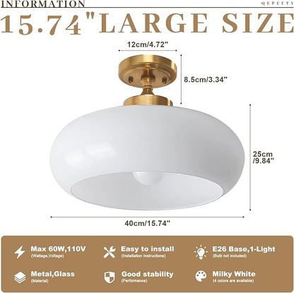 Mid Century Modern Flush Mount Ceiling Light Fixture with Cream White Glass Shade, 15.74 Inch Minimalist Chandelier for Bedroom Kitchen, Easy to Install, E26 Base