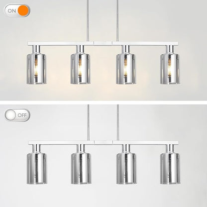 4-Light Kitchen Island Lighting, Chrome Dining Room Light Fixture/Island Light Over Table Hanging for Farmhouse Linear Chandeliers Rustic Ceiling Pendant Light Fixtures with Smoke Gray Glass Shade
