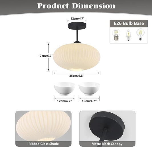 Large Milk Glass Ceiling Light Mid Century Modern Semi Flush Mount Ceiling Light Fixture Farmhouse Black Ceiling Lights for Closet Hallway Bathroom