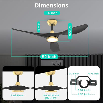 Roomratv Ceiling Fans with Lights and Remote Control,Quiet Noiseless Reversible DC Motor,6 Speeds,Timers, 3 CCT, Indoor Use, Plastic Blades,52 Inch Black and Gold Modern Ceiling Fan for Living Room