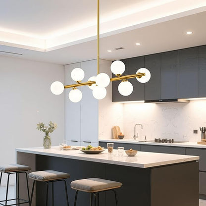 Mid Century Modern Sputnik Chandeliers: 9-Light Linear Brass Gold Dining Room Light Fixture - 40" Long Milk White Glass Globe Modern Pendant Chandelier Lighting for Living Room Kitchen Island Table