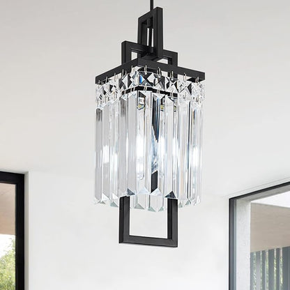 Modern Black Pendant Light Fixtures for Kitchen Island and Dining Room, Industrial Small Hanging Crystal Chandelier Light Fixture for Bedroom Entryway Living Room Foyer Hallway 1-Pack