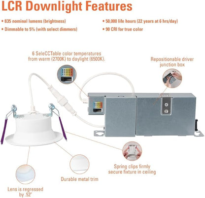 HALO LCR 2 in Regressed Canless LED Downlight, 10W, Indoor Outdoor, Dimmable, 6 Selectable Color Temperature, 800 Lumens, Wet Location, IC Rated, Matte White Shower Ceiling Light - LCR208RD9FSE020