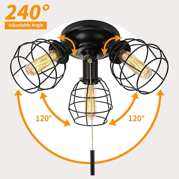 Pull Chain Light Fixture, 3 Light Semi Flush Mount Ceiling Fixture, Vintage Pendant Light Fixture for Porch/Hallway/Kitchen/Bedroom, Bulb Not Included