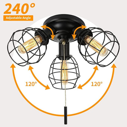 Pull Chain Light Fixture, 3 Light Semi Flush Mount Ceiling Fixture, Vintage Pendant Light Fixture for Porch/Hallway/Kitchen/Bedroom, Bulb Not Included