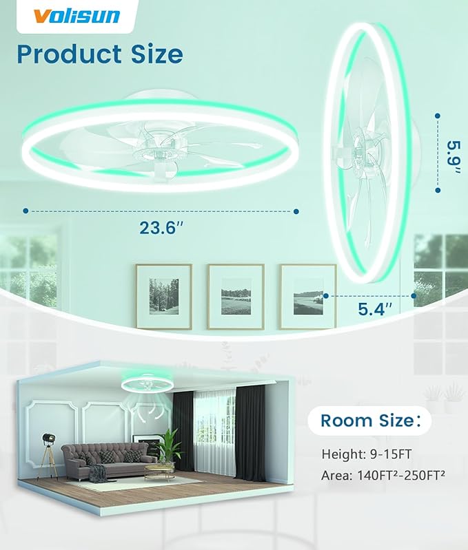 VOLISUN RGB Ceiling Fans with Lights and Remote, 23.6in Low Profile Ceiling Fans with Lights Flush Mount, 3000K-6500K Dimmable Fandelier LED Fan Light, White Bladeless Ceiling Fans for Bedroom