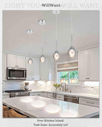 Modern Crystal Moon Pendant Light, Chrome Dimmable Natural White (3000K) LED Hanging Light Fixture for Kitchen Island, Dining Room, Bar, Bedroom